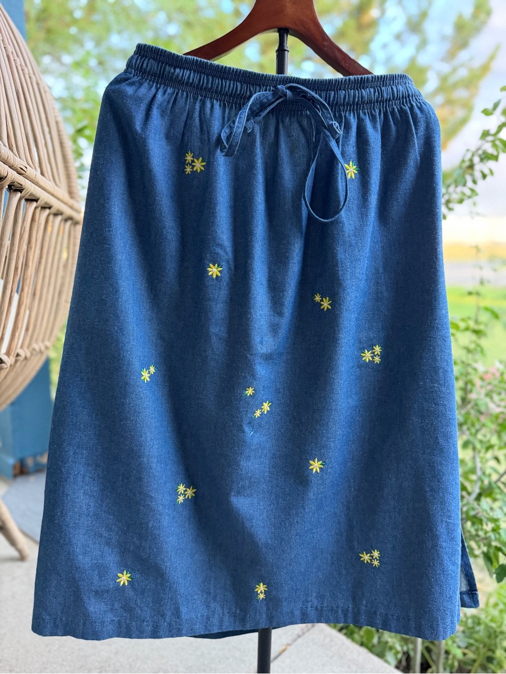 BonWorth Blue Denim A-Line Skirt with embroidered Yellow Daisy Accents
